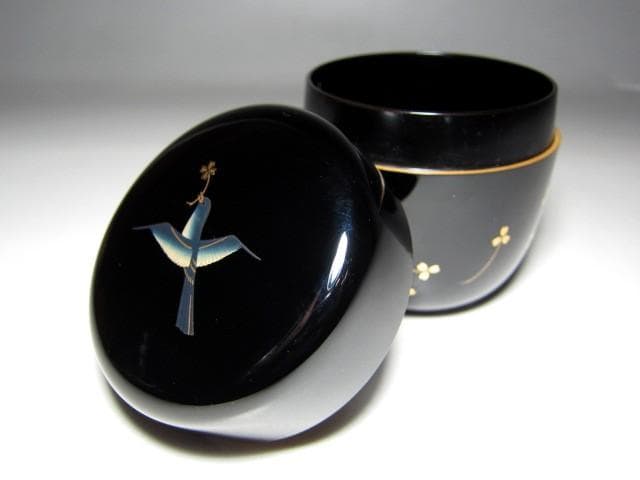 ＜お値引中＞鈴谷鉄五郎 鳥蒔絵 中棗 裏千家十五代 鵬雲斎花押 　v97