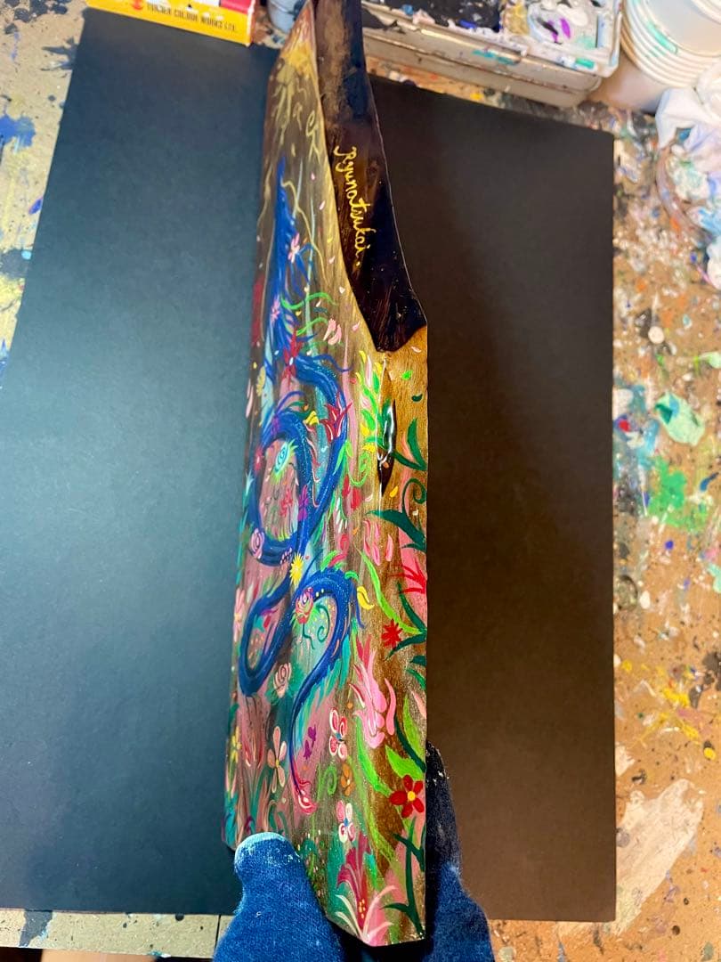 開運絵画 煌びやかな花龍 一点物 アクリル画 龍神 置き物 龍ノツカイ