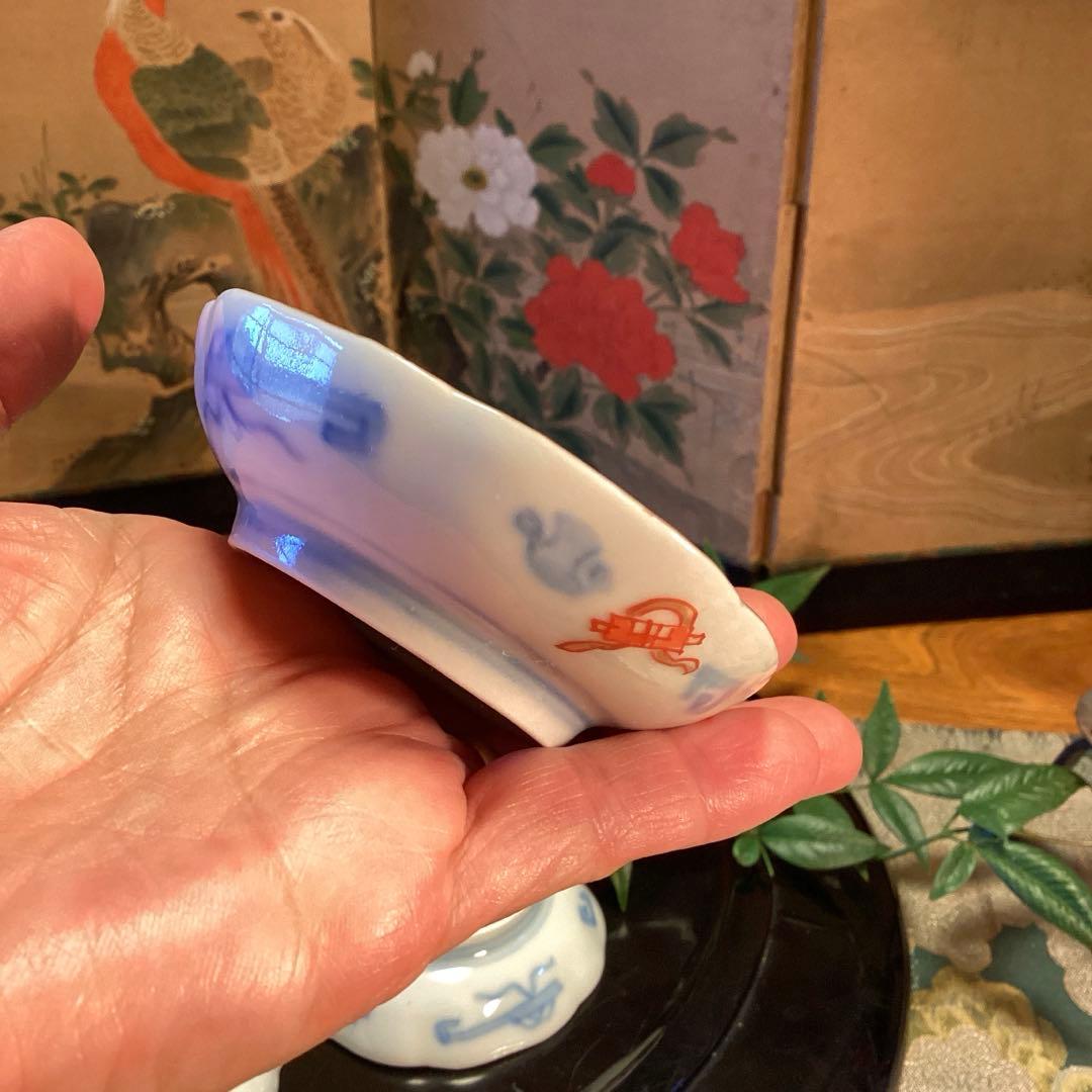 A1033 古伊万里　金襴手　梅に松　宝尽紋様　　豆皿　ちびちび　5枚