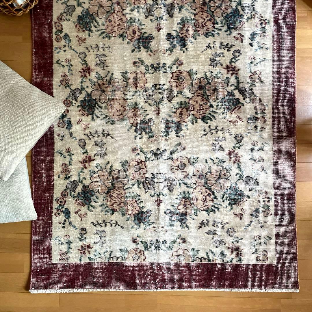 104×200 キナリ×ボルドー　薔薇の街　トルコヴィンテージラグ