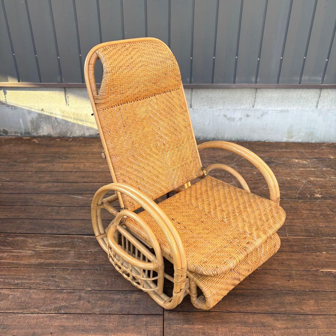 ②昭和レトロ ラタンリクライニングチェア オットマン付き 籐家具 1人掛けソファ