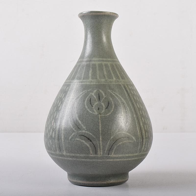 朝鮮美術　李朝　高麗青磁　象嵌花文　徳利　V　R7944