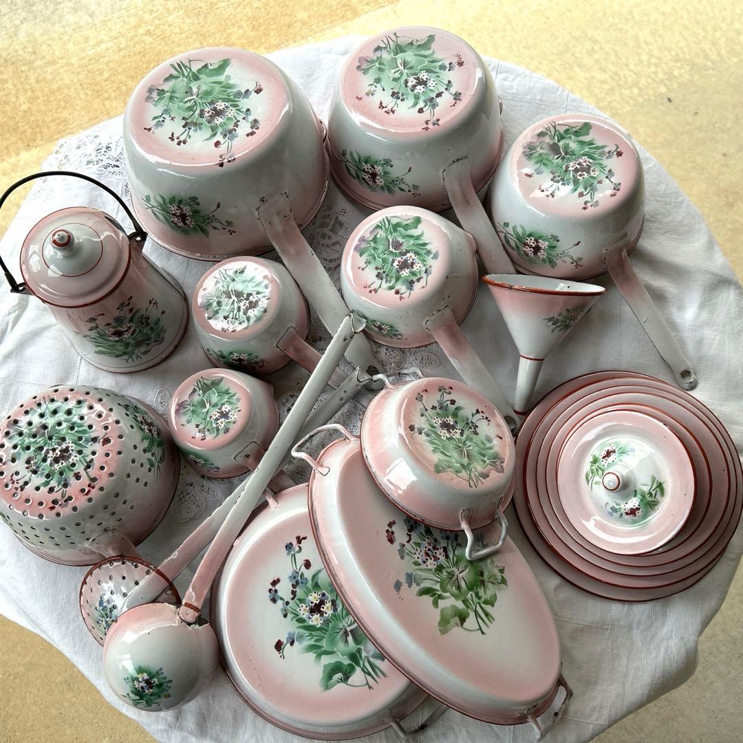 フランスアンティーク　japy 忘れな草のホーローウェディングセット