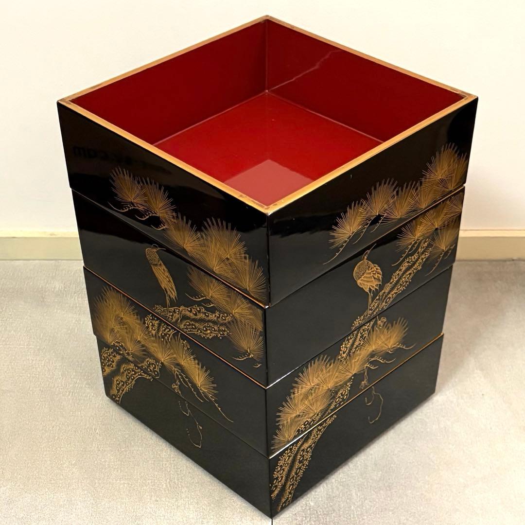 豪華セット◽️蒔絵 4段重箱 鶴松 重台付き 蓋2枚 漆器 骨董 昭和レトロ 正月