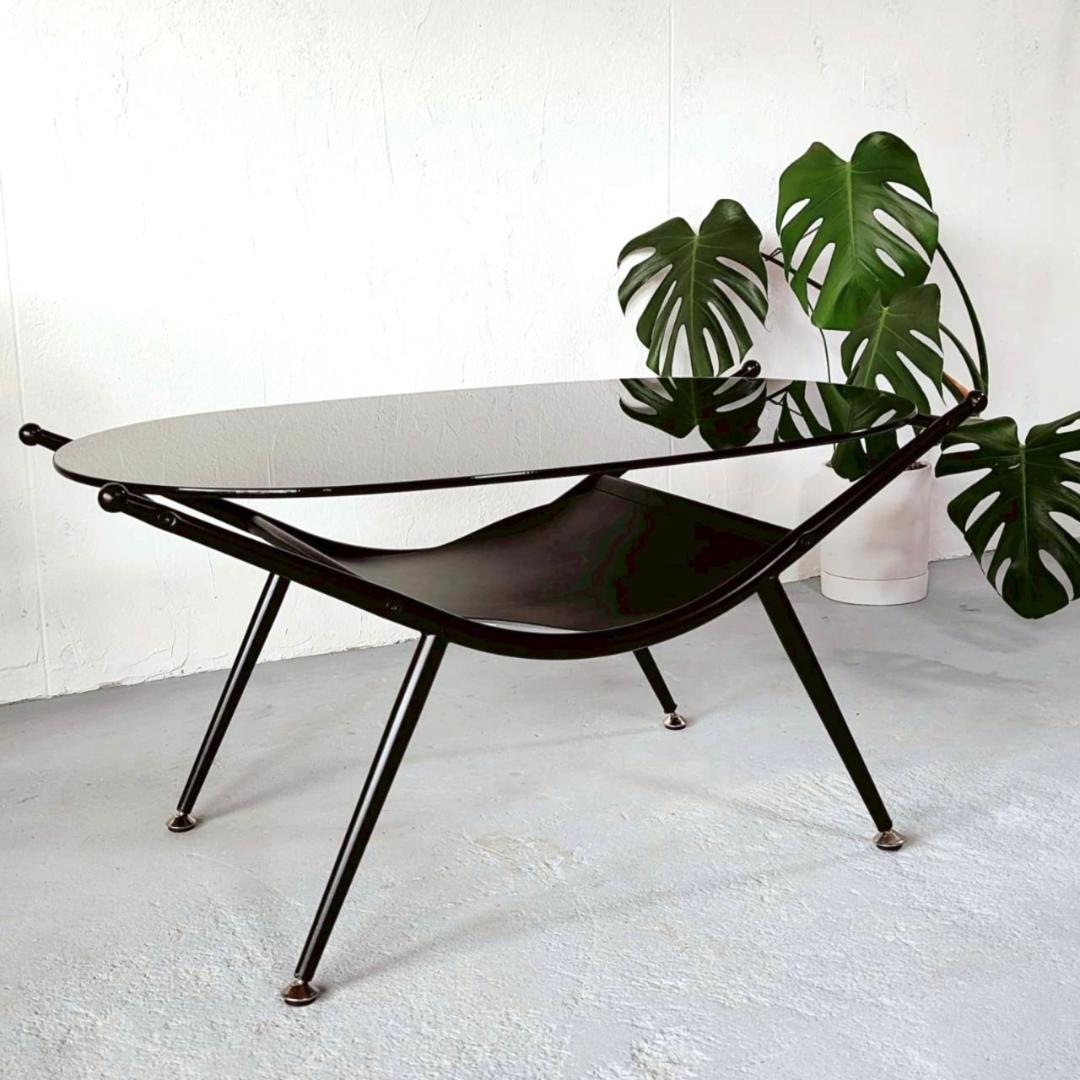 ミッドセンチュリー ガラステーブル 黒 幅80cm スペースエイジ