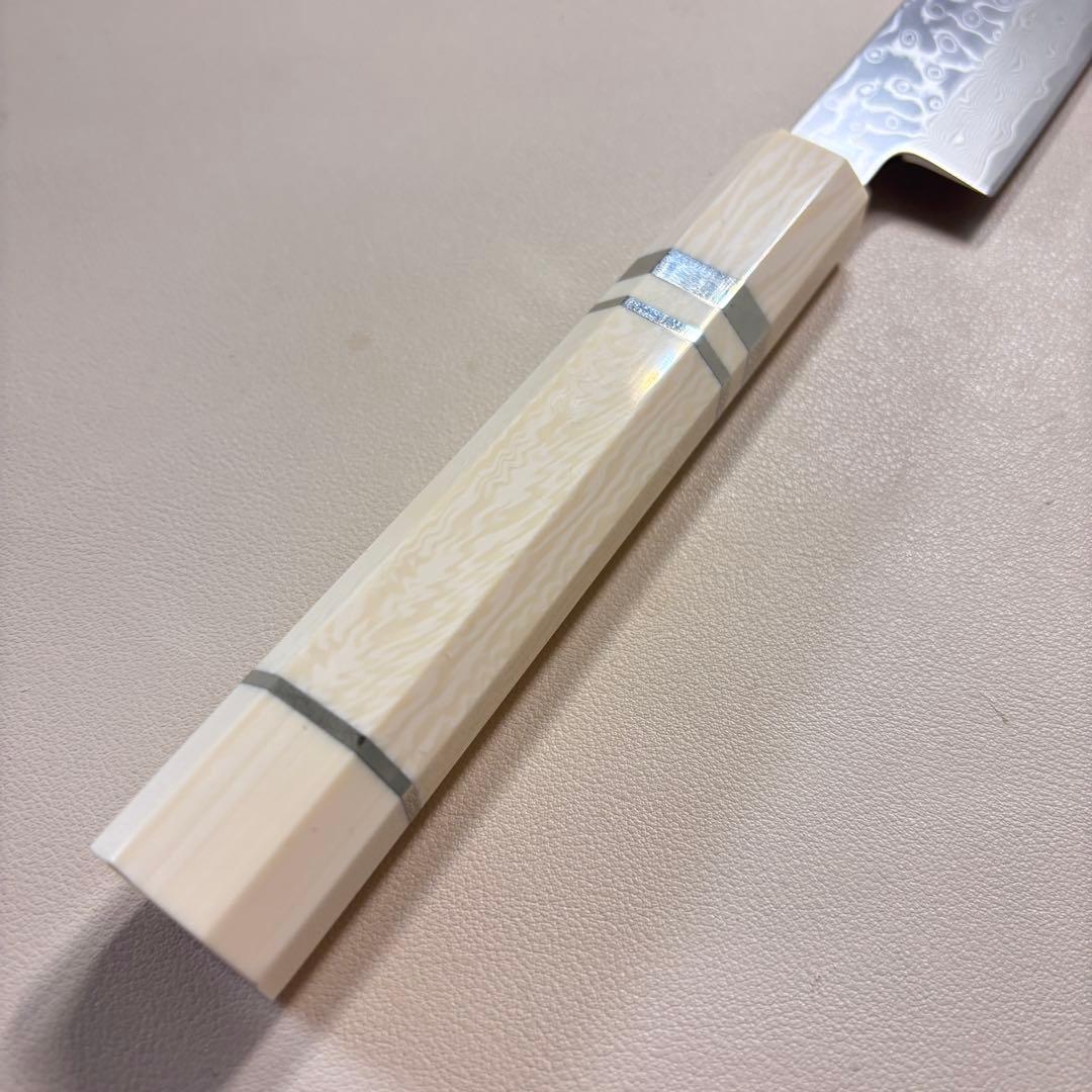 尺300mm 柳刃包丁 墨流しダマスカス　人工象牙八角柄 和包丁 白'-