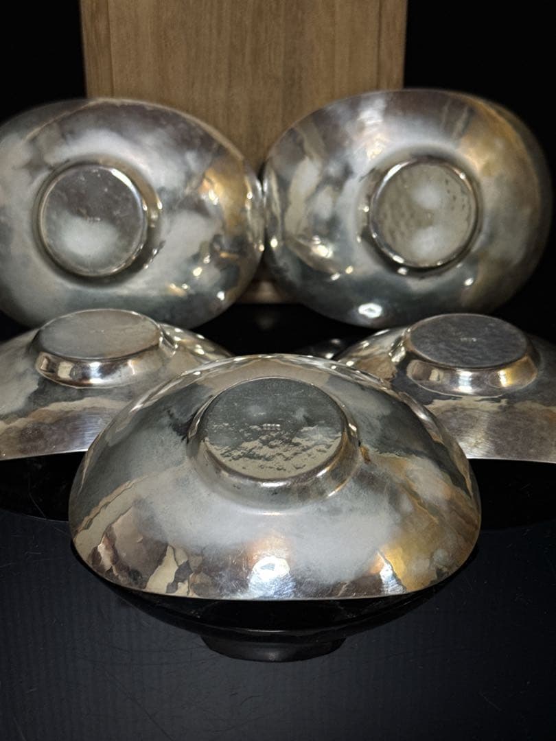 純銀 槌目 小判型 茶托 5枚 桐箱付 約290g 茶道具 煎茶