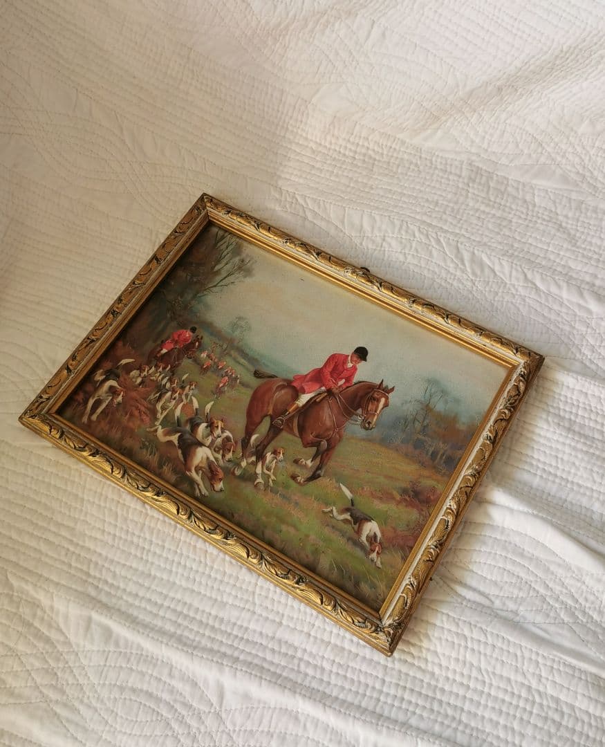 ベルギー アンティーク 狩猟シーンの印刷紙 馬と犬 額装 金彩彫ガラスフレーム
