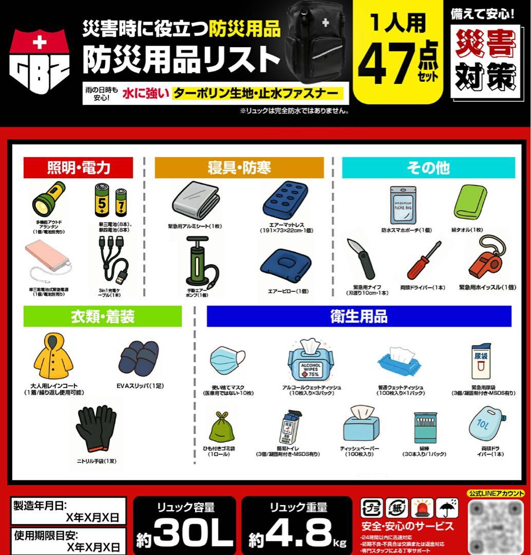 防災グッズ 防災セット 1人用 47点セット 26種類 完全備蓄 エアーマット