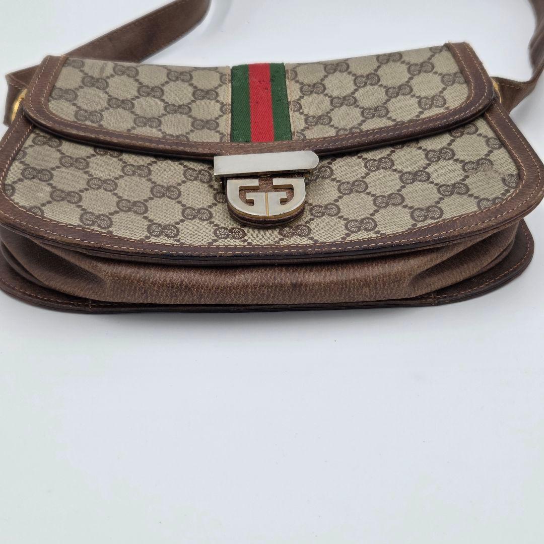 【良品】GUCCI シェリーライン GG ショルダーバッグ レザー ブラウン