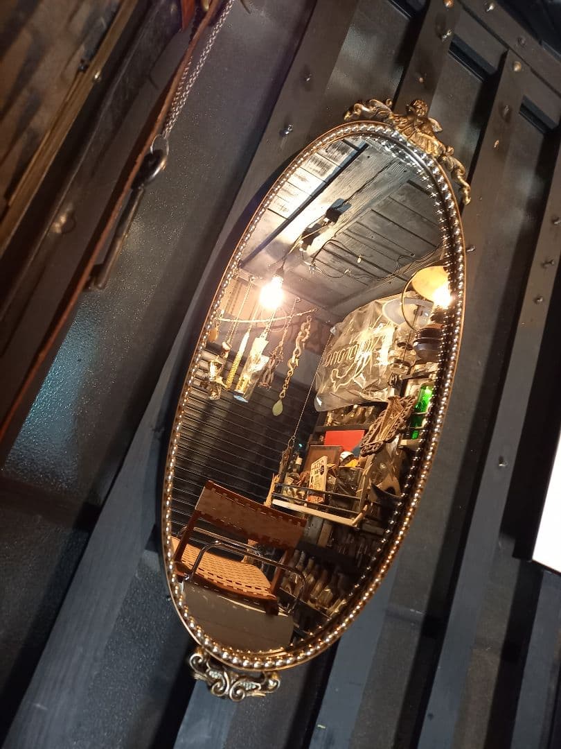 ヴィンテージ　オーバル形　真鍮製　エンジェル　トップ　パール　ビーズ　　ミラー