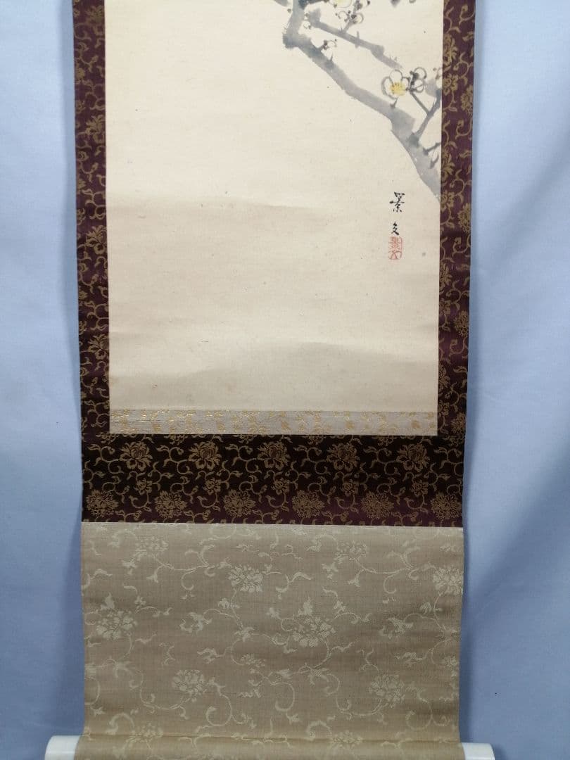 【茶道具】松村景文筆　『梅と鶯』　絵　茶軸　掛軸B931
