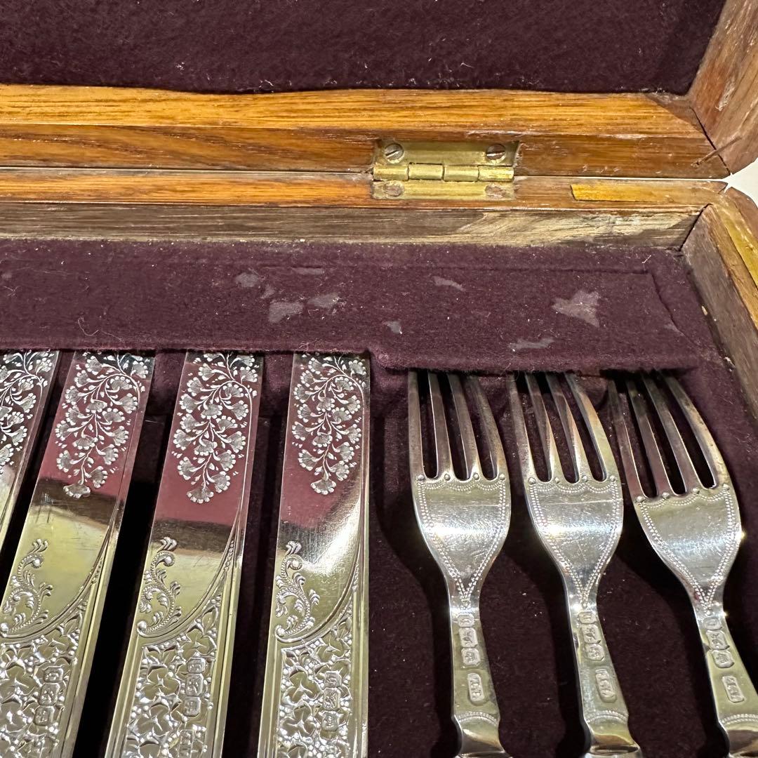 ⭐︎純銀継手 英国製 白蝶貝 マザーオブパールデザートナイフ&フォーク12本 木箱