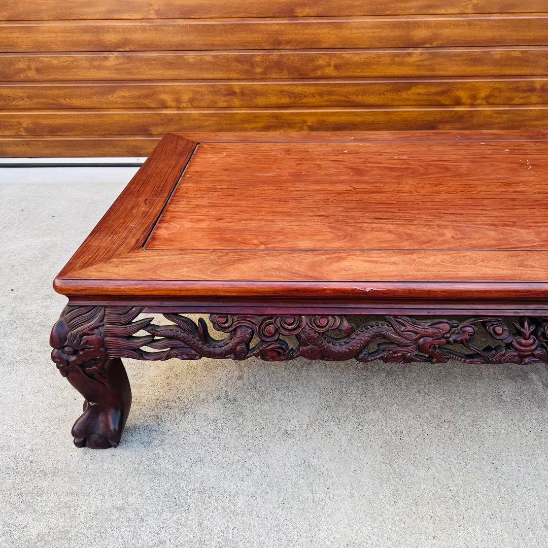 高級唐木　獅子龍彫刻付き　漆仕上げ　長座卓　150センチ幅　テーブル　一枚板