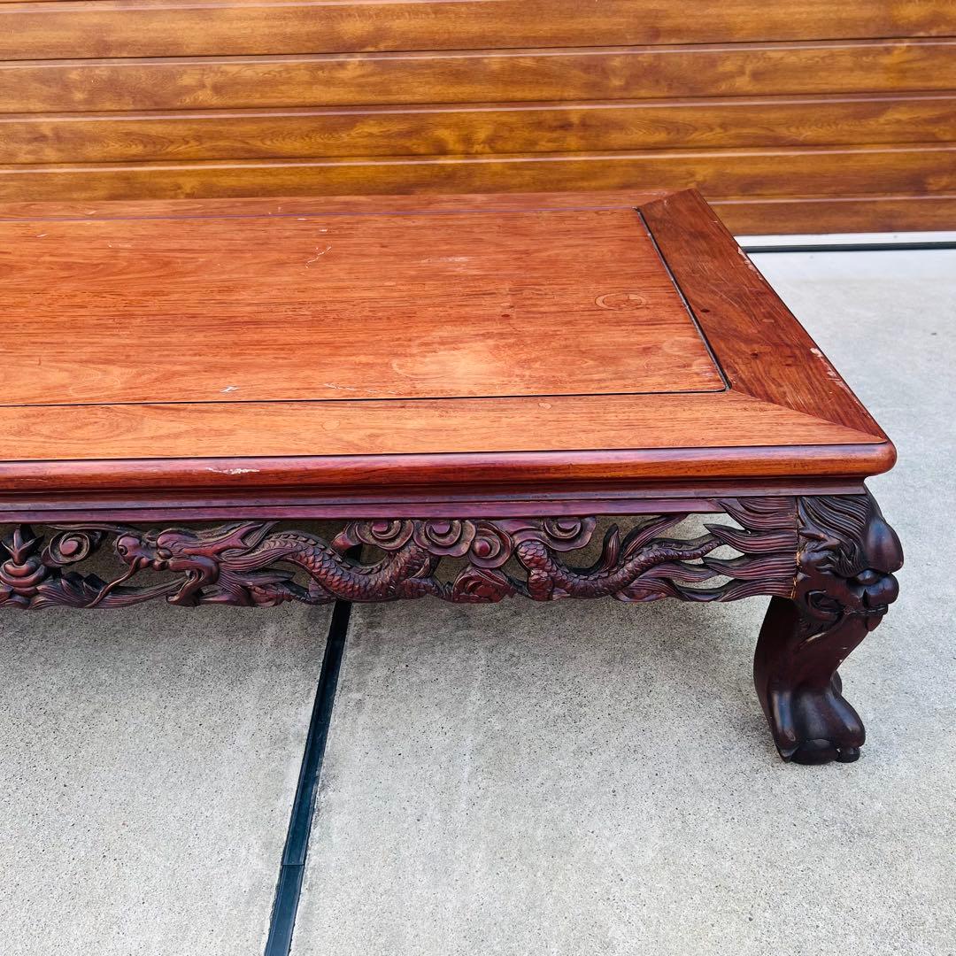 高級唐木　獅子龍彫刻付き　漆仕上げ　長座卓　150センチ幅　テーブル　一枚板