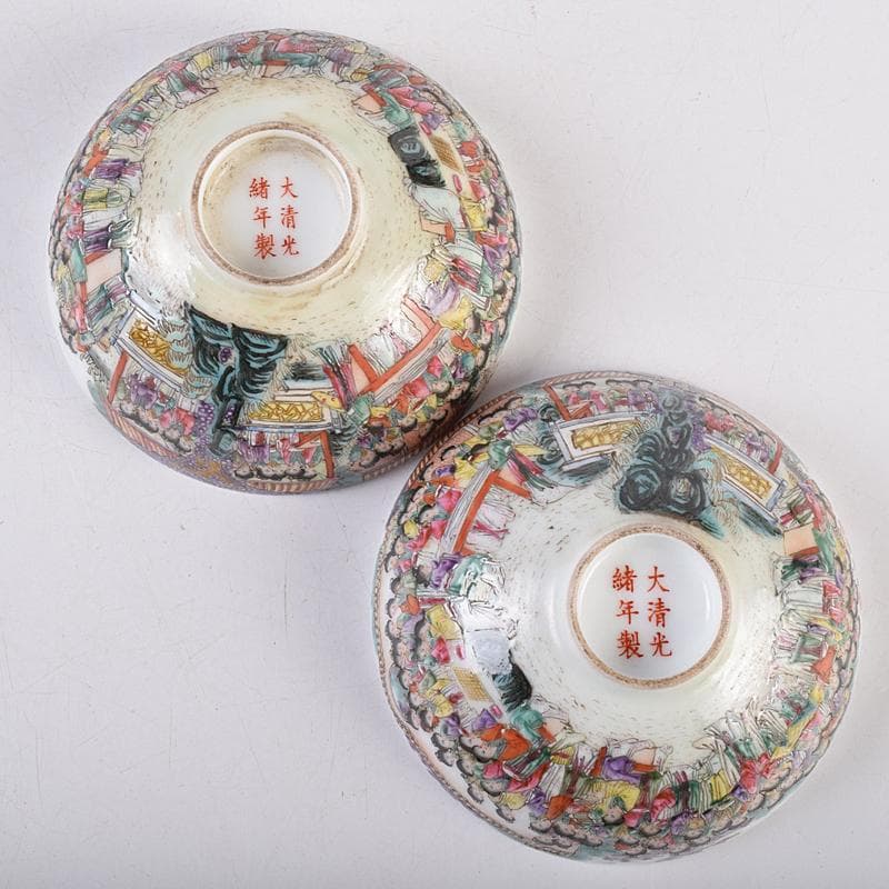 中国　大清光緒年製　粉彩　百美図　茶碗　一對　唐木台付　M　R8899