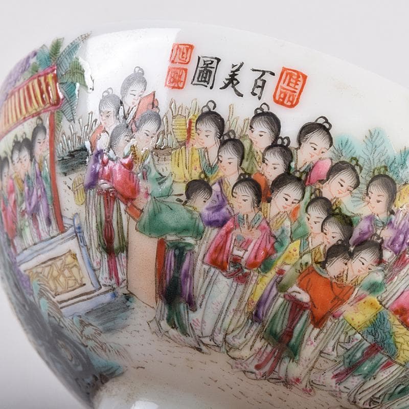 中国　大清光緒年製　粉彩　百美図　茶碗　一對　唐木台付　M　R8899