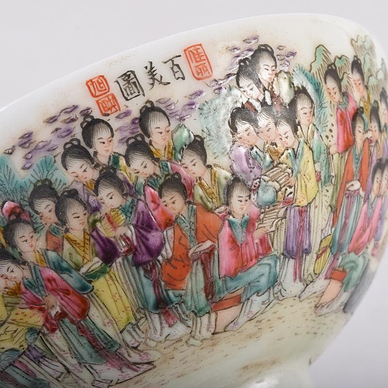 中国　大清光緒年製　粉彩　百美図　茶碗　一對　唐木台付　M　R8899