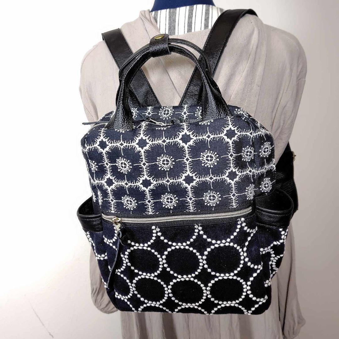 【専用】/タンバリンネイビー×アネモネ/ボストン型トートリュック本革黒