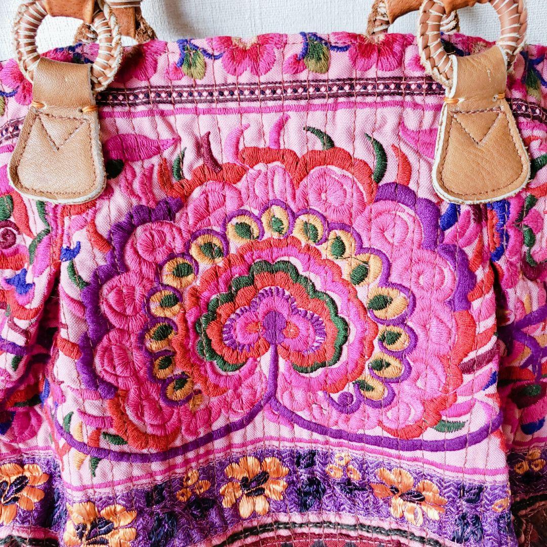 ★ 一点物 未使用 ★ アジア 少数民族 刺繍 古布 ショルダーバッグ ピンク