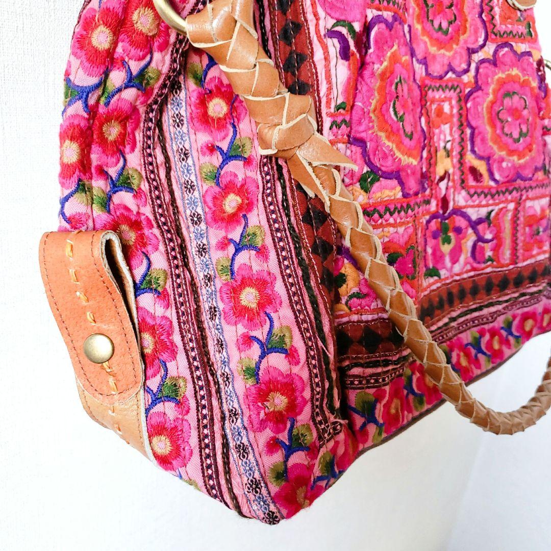 ★ 一点物 未使用 ★ アジア 少数民族 刺繍 古布 ショルダーバッグ ピンク