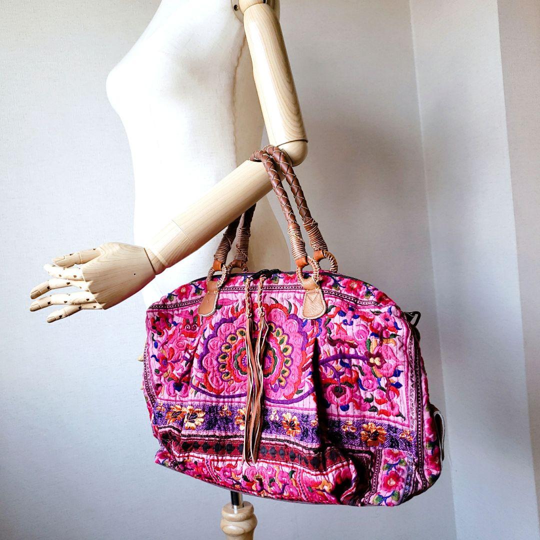 ★ 一点物 未使用 ★ アジア 少数民族 刺繍 古布 ショルダーバッグ ピンク