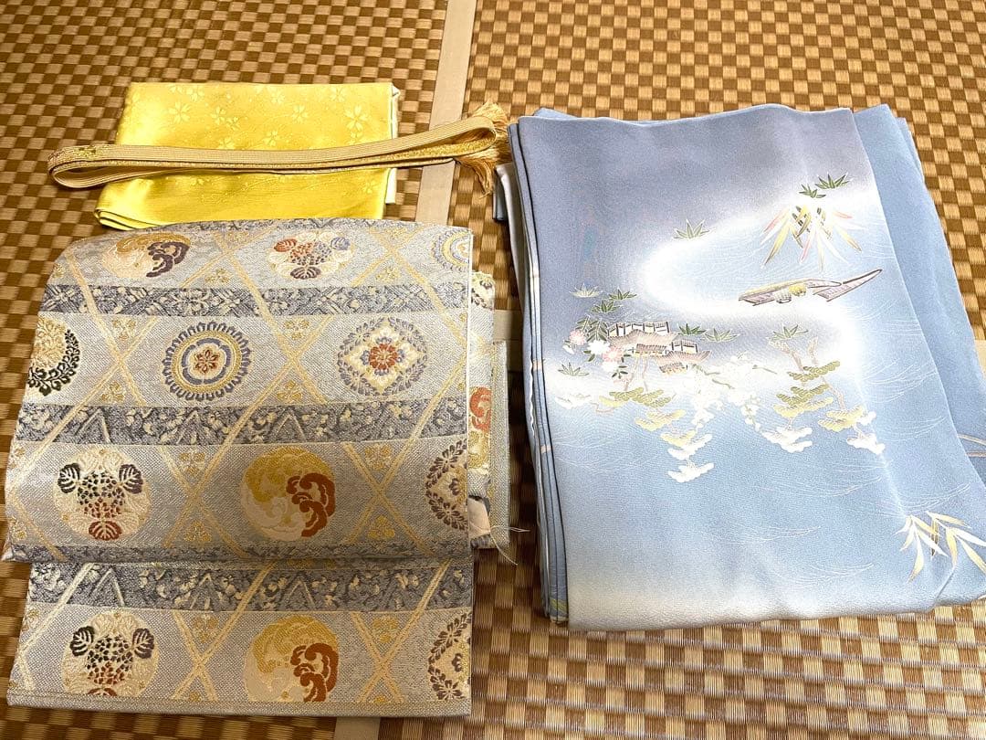♦️4点フルセット　（二重太鼓の作り帯＋友禅訪問着　フォーマル用帯揚げ&帯締め）