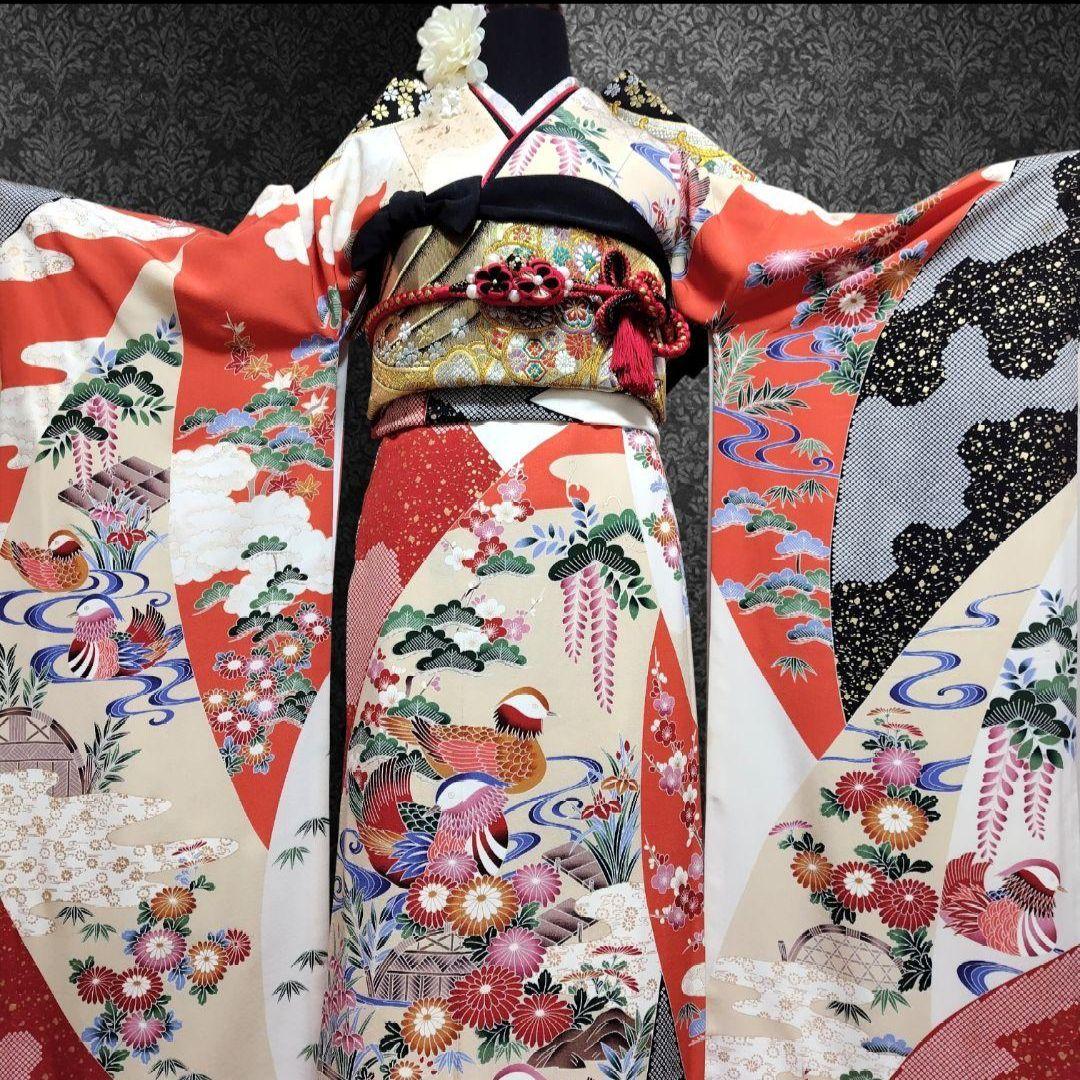 振袖フルセット(6点)・高級古典柄・友禅染め・箔散らし・金彩加工・鴛鴦・正絹