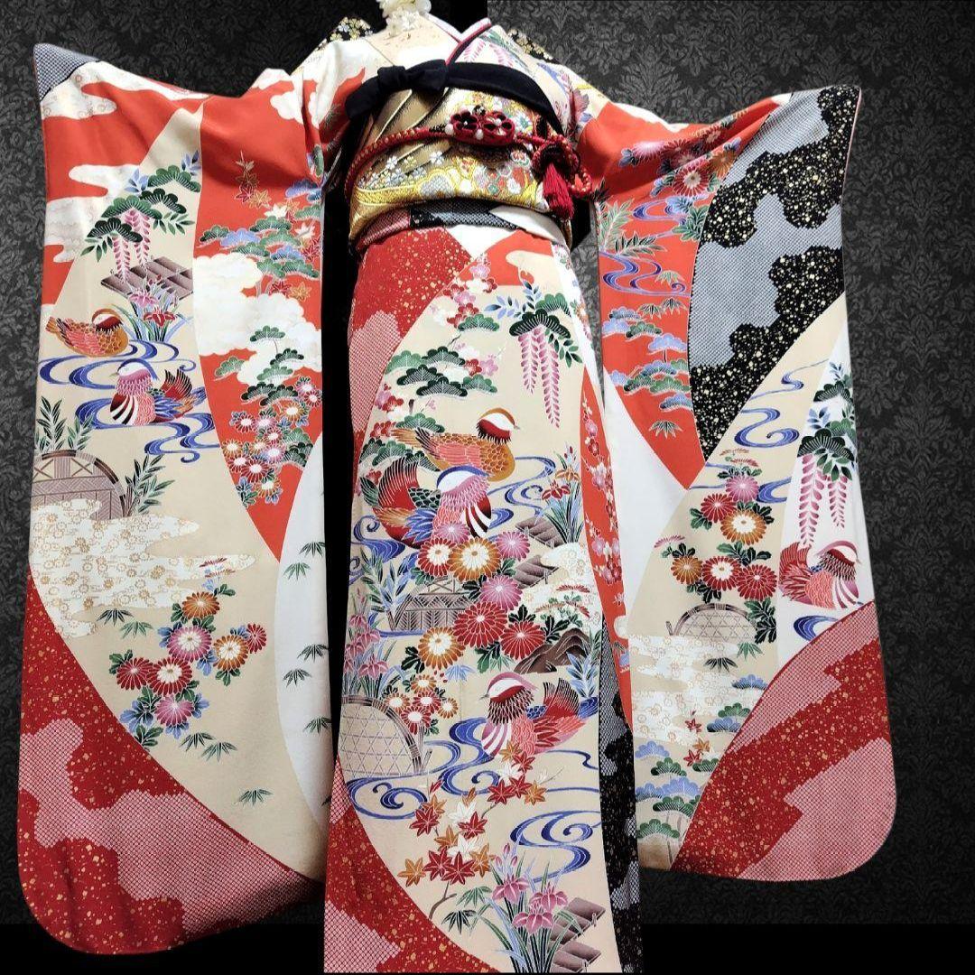 振袖フルセット(6点)・高級古典柄・友禅染め・箔散らし・金彩加工・鴛鴦・正絹