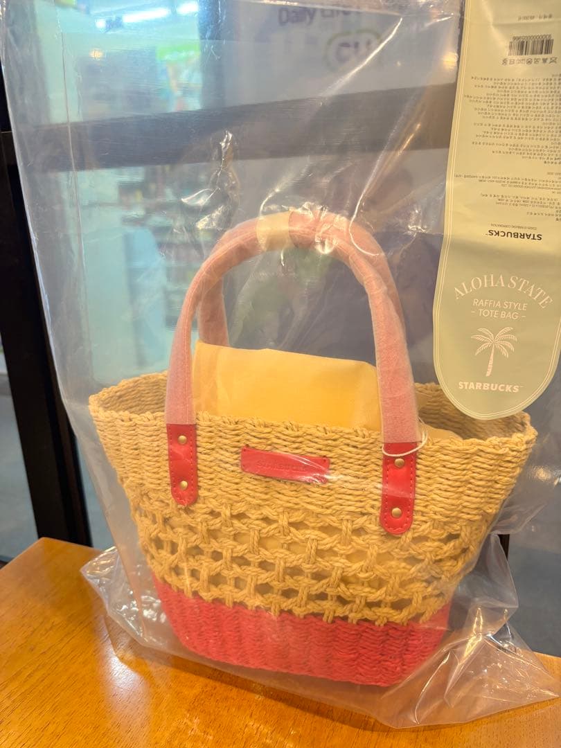 【韓国 スタバ 限定】Aloha Raffia Totebag Pink