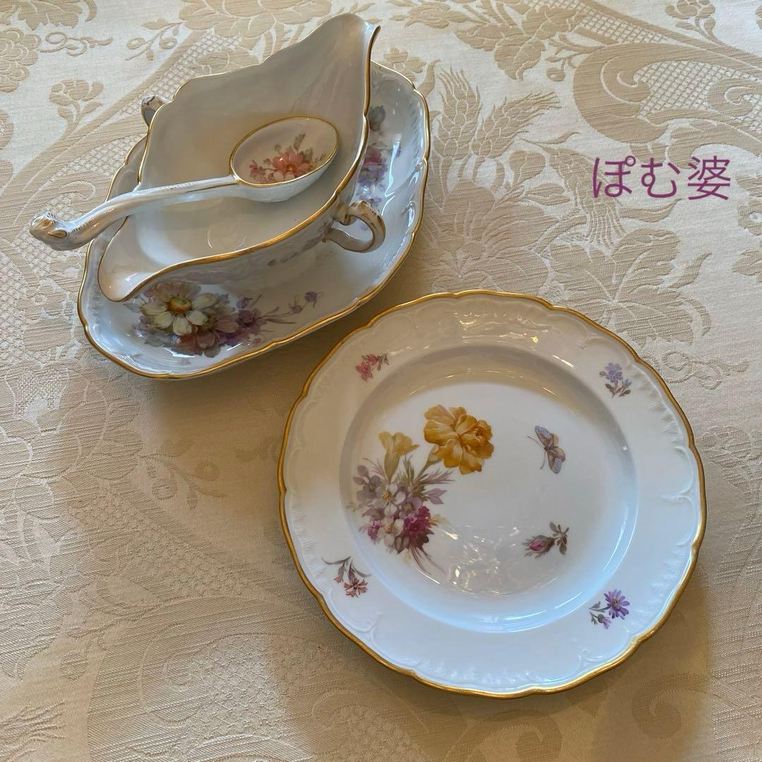 【KPMベルリン】印象派 印象主義「花と蝶」 金彩 レリーフ 皿／ランチョン皿