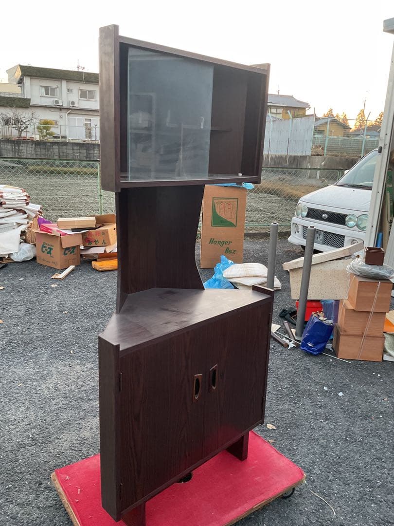 レトロ木製コーナーキャビネットガラス扉収納棚家具昭和