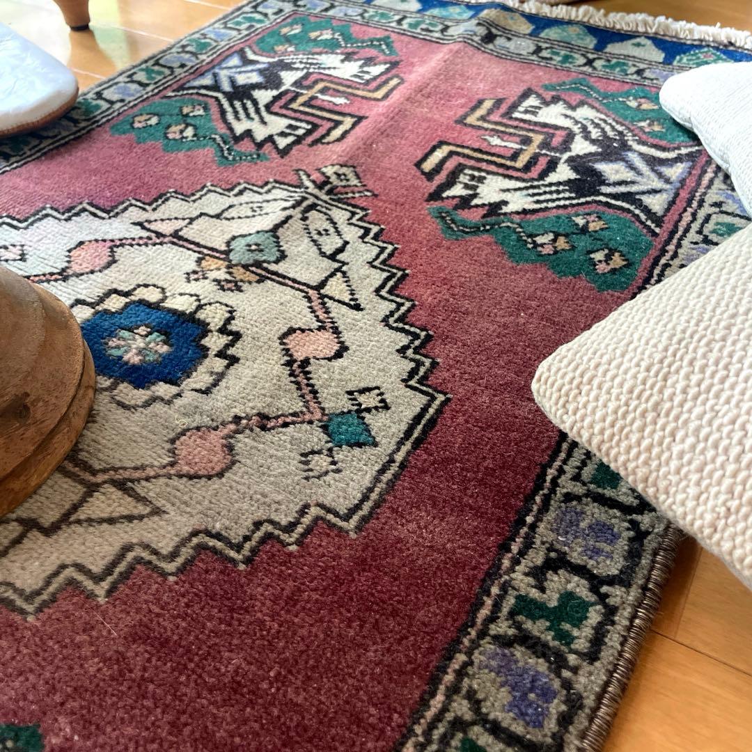 45×91 くすみグレープカラー　小さめメダリオン　トルコヴィンテージラグ