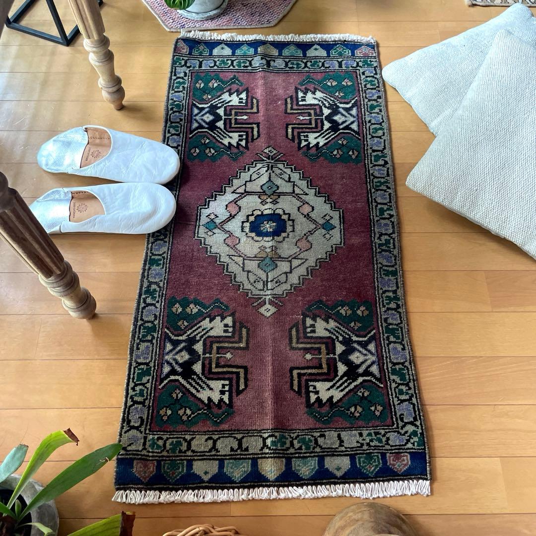 45×91 くすみグレープカラー　小さめメダリオン　トルコヴィンテージラグ
