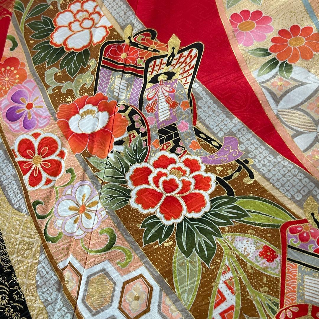 正絹　七五三 女の子7歳着物・帯セット　赤　レトロ　アンティーク