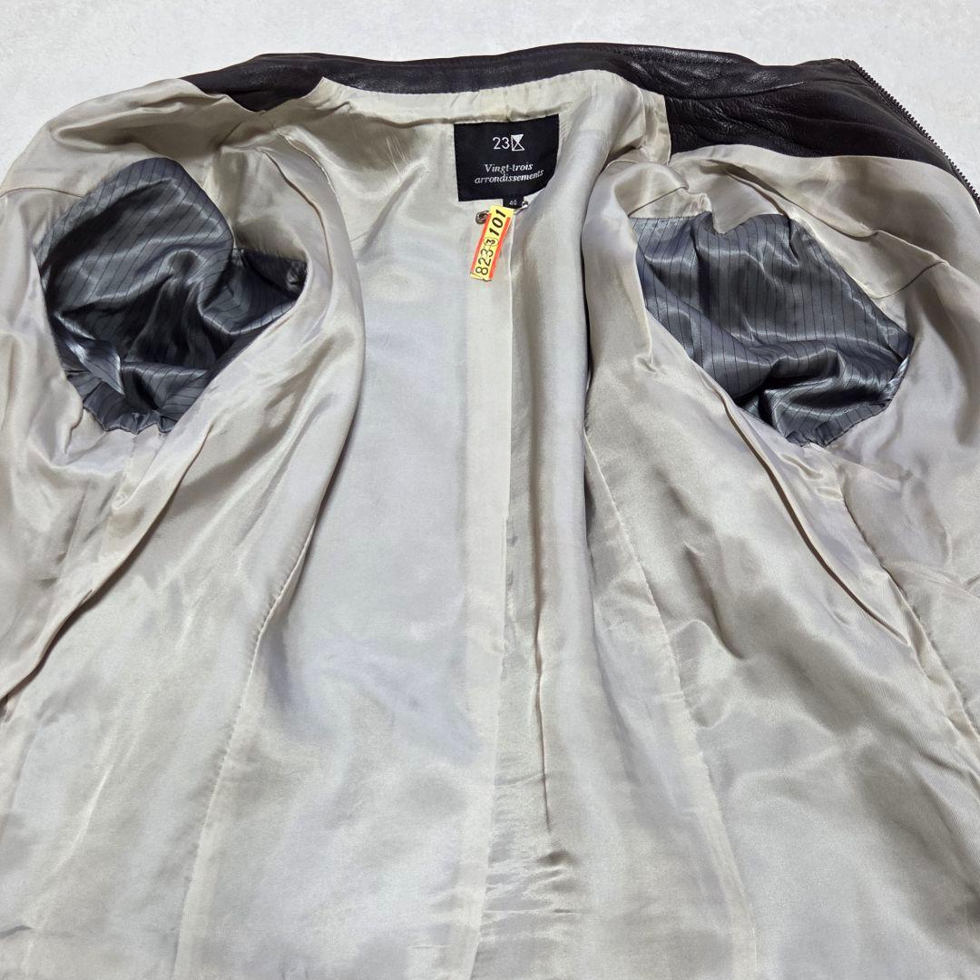 【美品】23区 シングルライダー ノーカラー レザージャケット ブラウン L