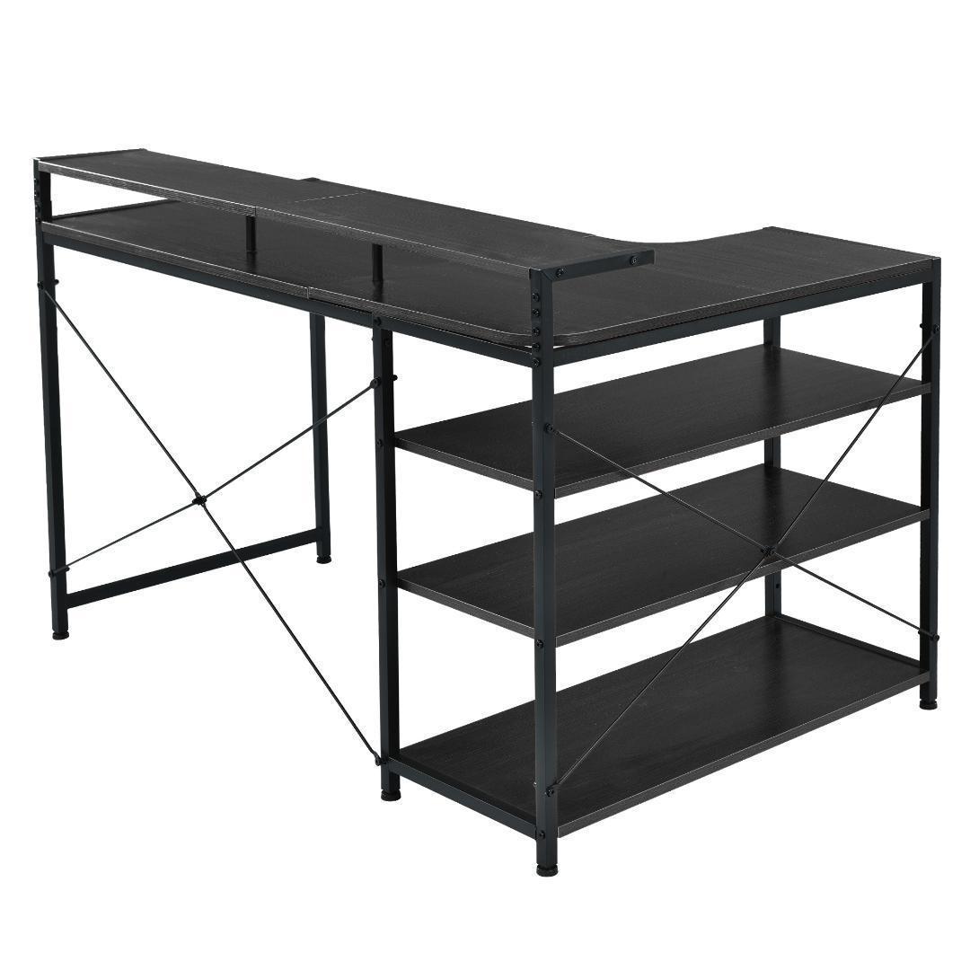 【ダークブラウ】パソコンデスク L字 120cm 3段ラック付 ハイデスク付き