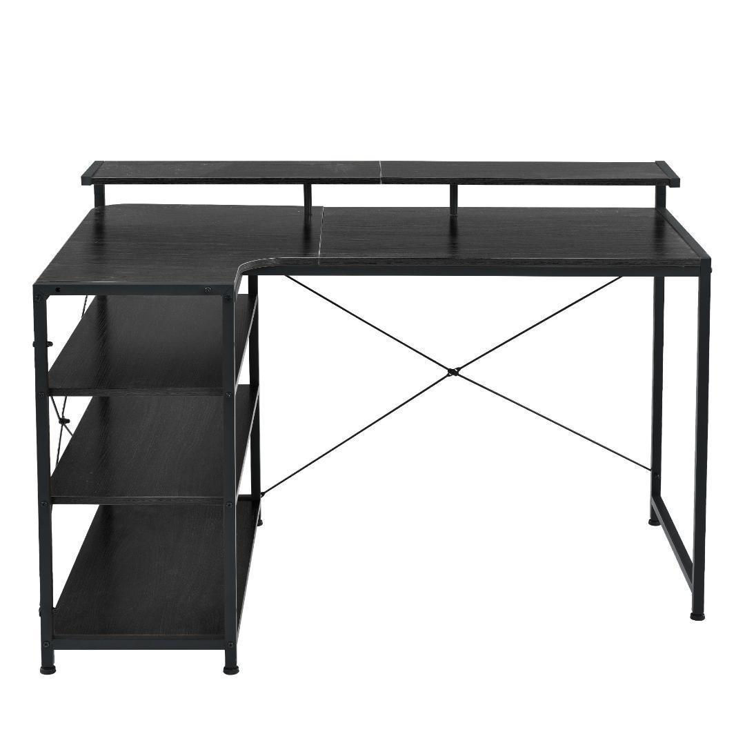 【ダークブラウ】パソコンデスク L字 120cm 3段ラック付 ハイデスク付き