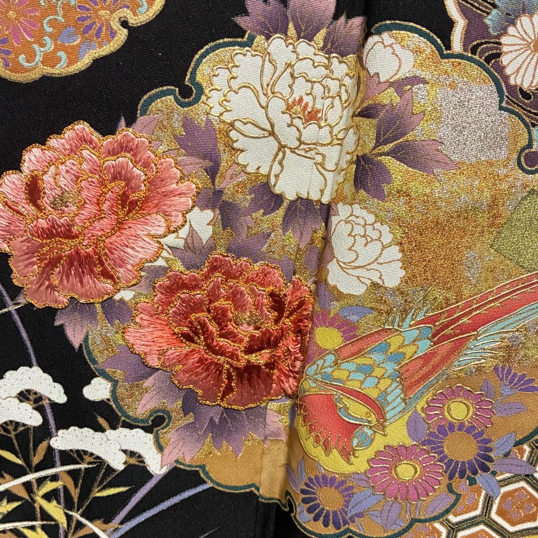 D4 黒留袖 ますいわや 雪輪 花刺繍 金彩 正絹着物 袷 しつけ糸未使用極美品