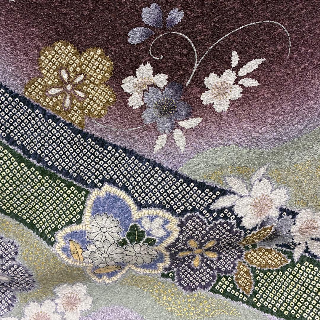D133 訪問着 桜 鹿の子柄 紫 正絹 着物 袷 極美品