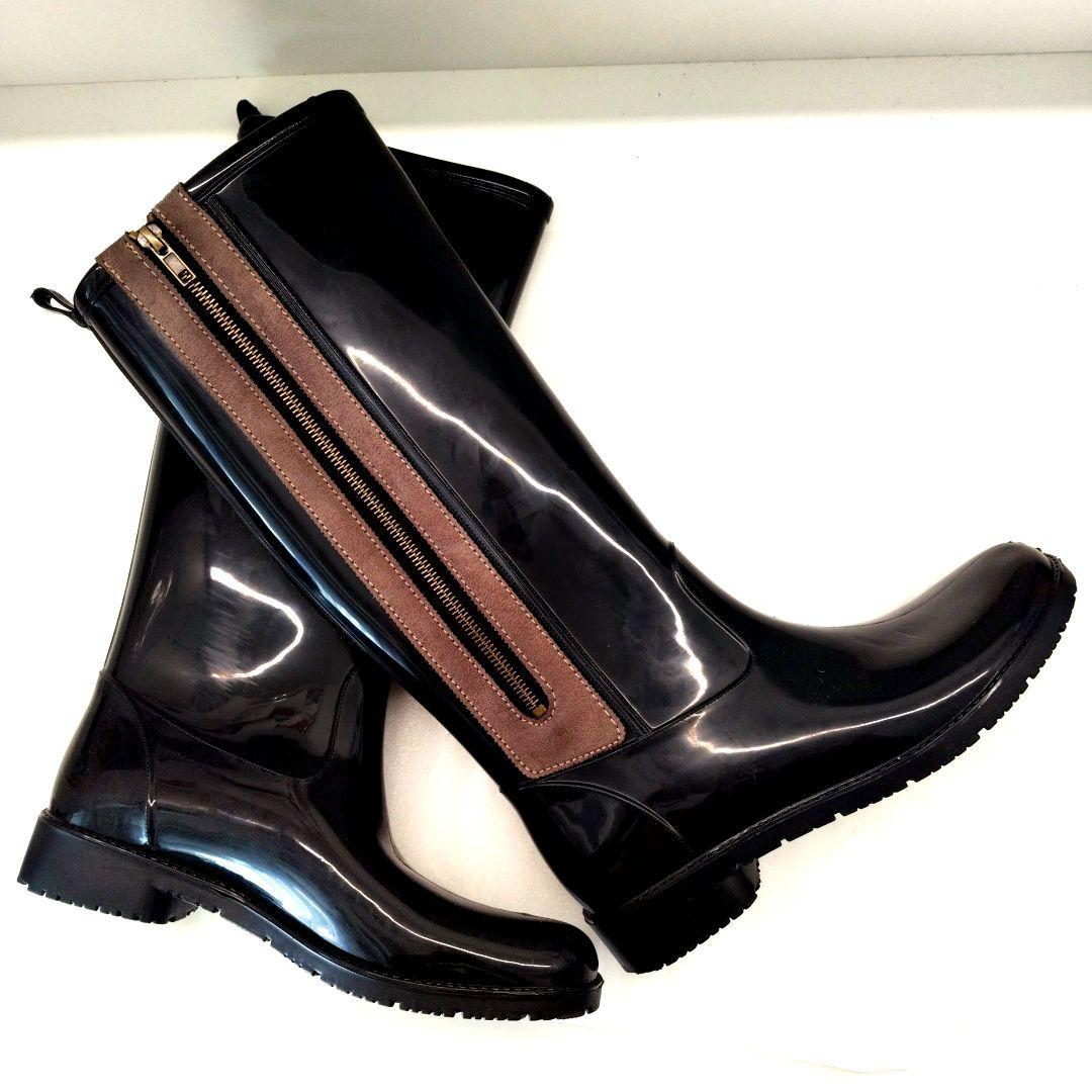 ◆げんこつ◆　イタリア製　ブラックロングレインブーツ　モカライン