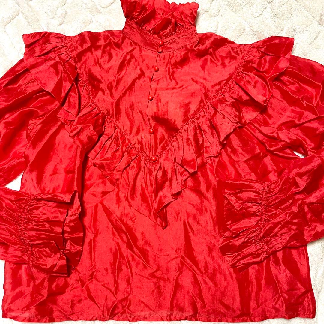美品 クリスチャンディオール シルク100% パーティーブラウス フリル レッド