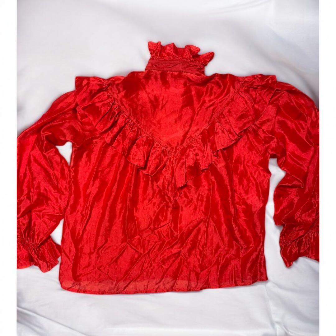 美品 クリスチャンディオール シルク100% パーティーブラウス フリル レッド