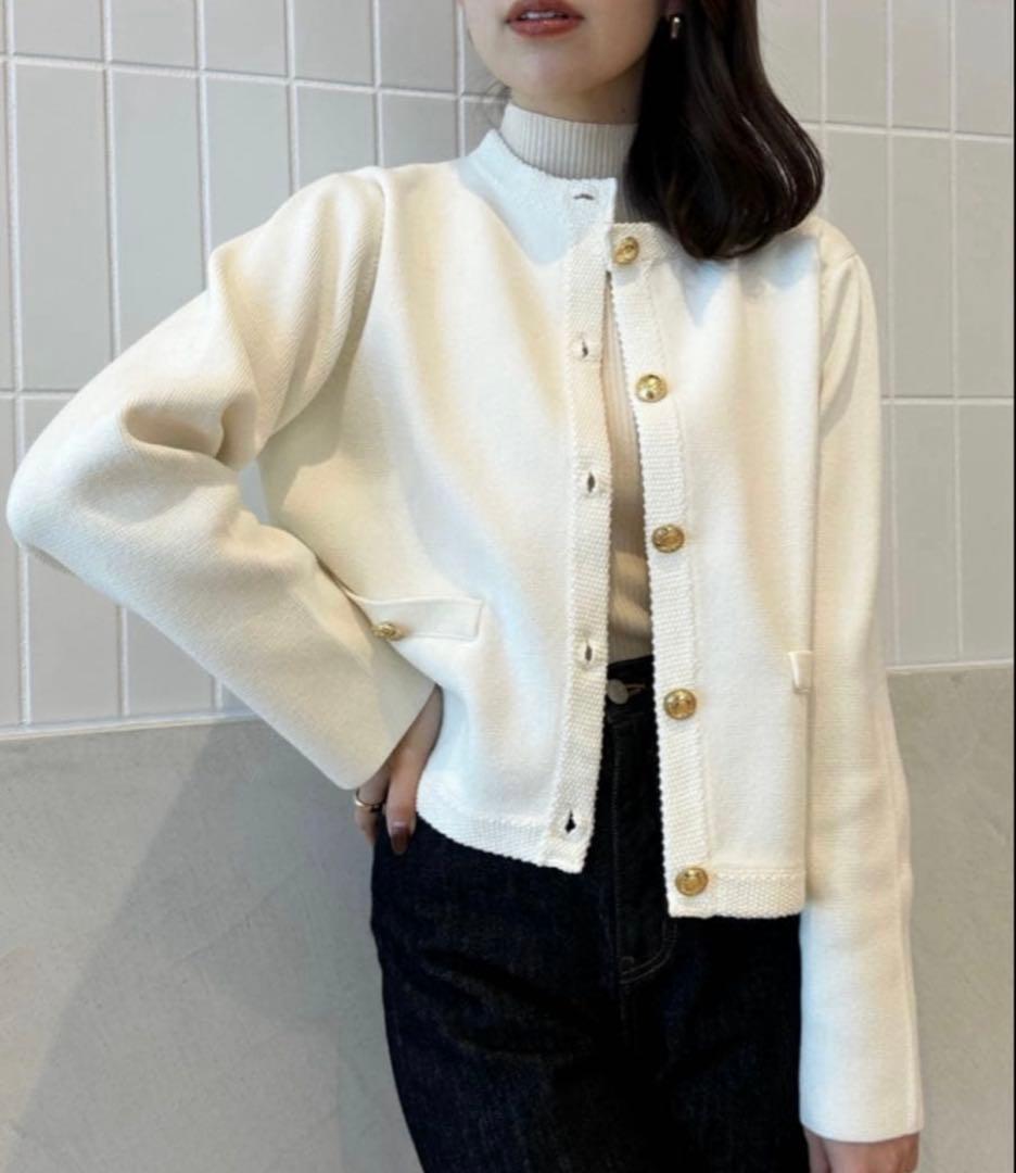 【anuans】オリジナルボタンノーカラーニットジャケット