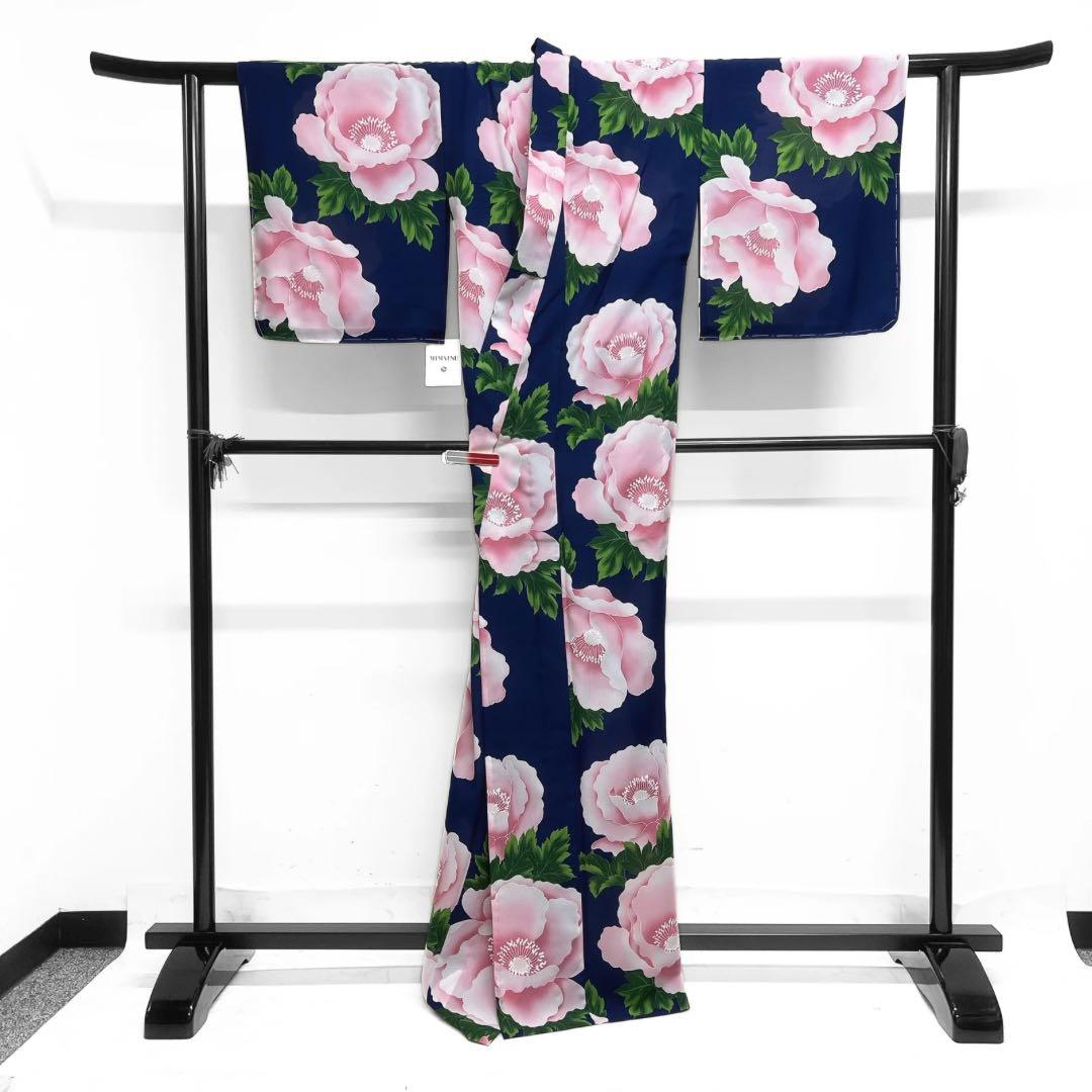 未着用　浴衣　牡丹　藍色　華やか　お洒落　着物　032a d
