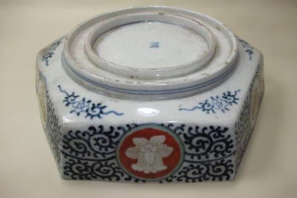 伊万里 色絵 山水 蛸唐草 六角 二重高台 金継 骨董 時代物