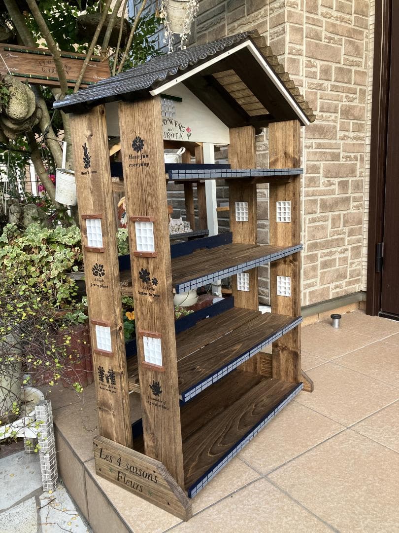 No24 三角屋根の簡単移動棚4段Flower end　Garden　brown