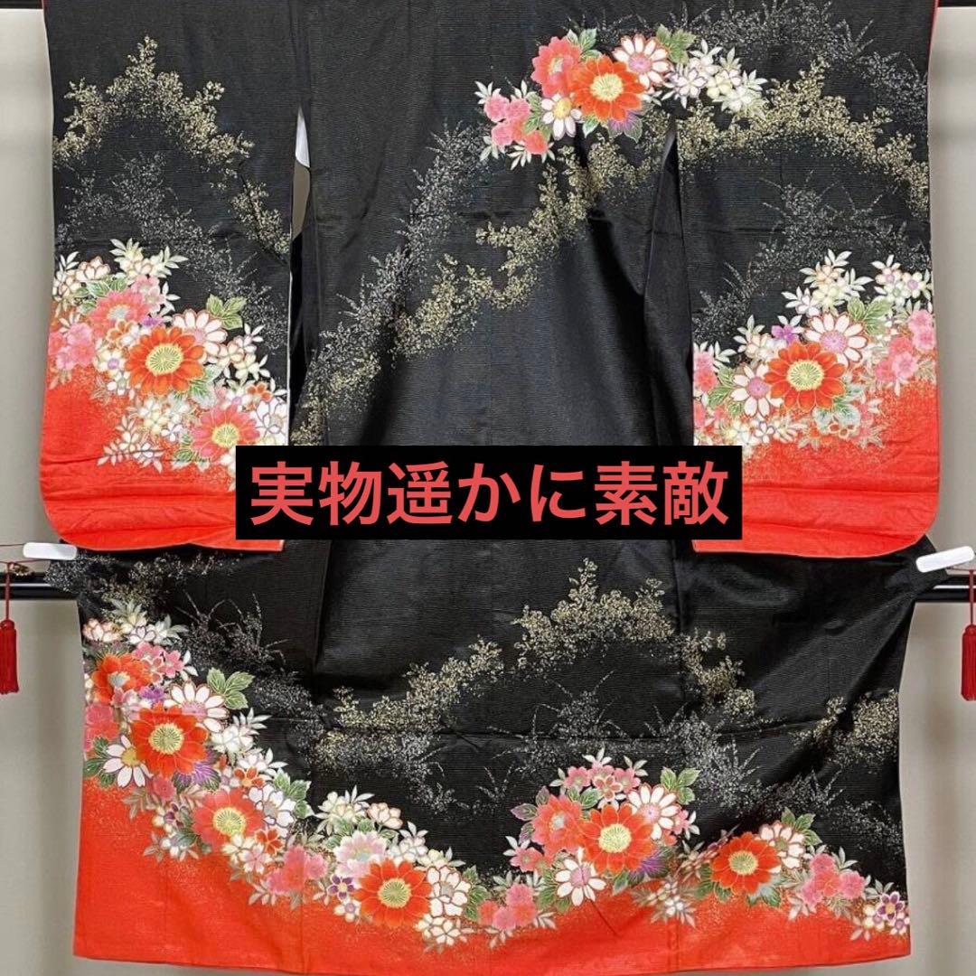 七五三七歳❣️豪華黒地ラメ花々金彩⭐︎正絹全通袋帯刺繍煌びやか⭐︎完全フルセット