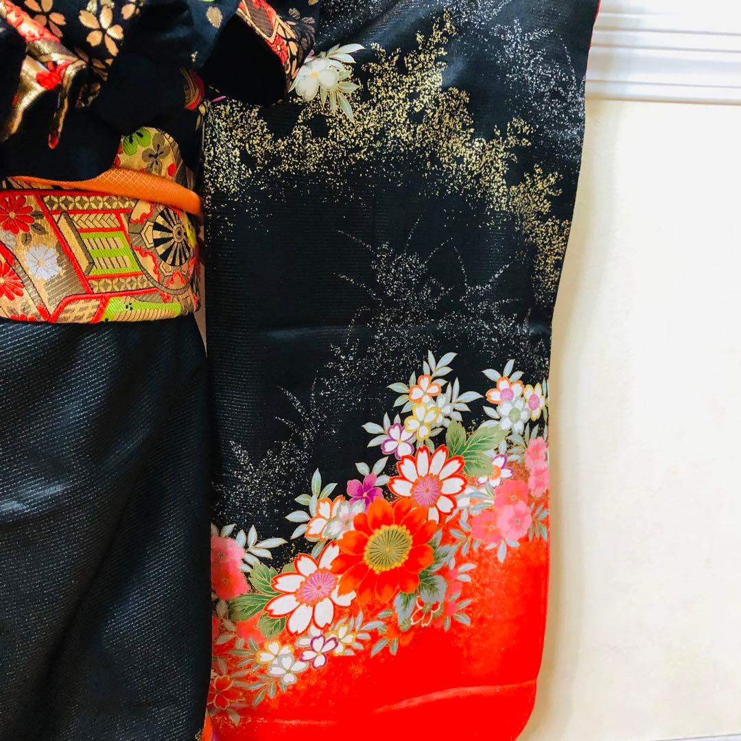 七五三七歳❣️豪華黒地ラメ花々金彩⭐︎正絹全通袋帯刺繍煌びやか⭐︎完全フルセット