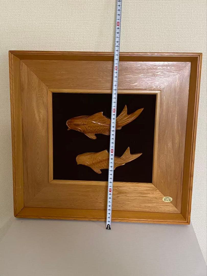 木彫り 額装屋久杉木魚双鯉 彫刻 年代品
